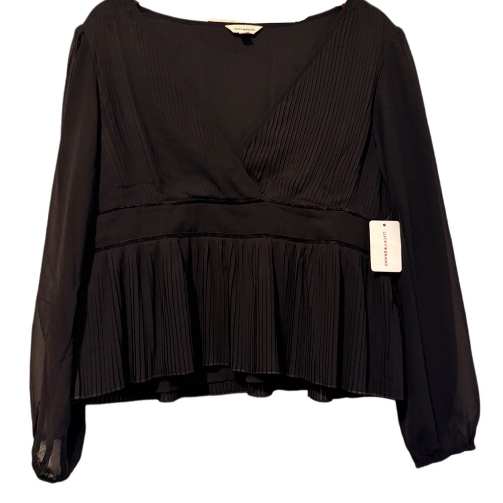Lucky Brand Black Pleated Peplum Blouse XL NWT Long Sleeve V-Neck Dressy Chiffon